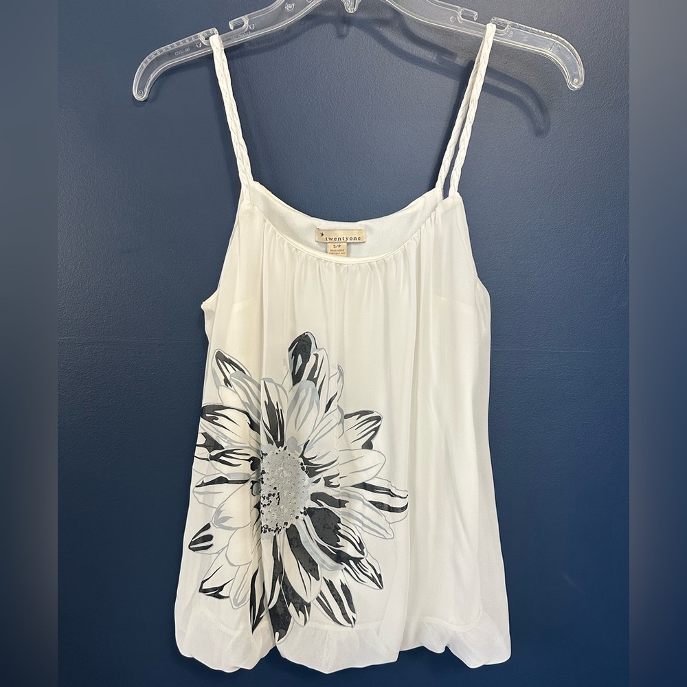 Forever 21 White Camisole with Black Floral Design